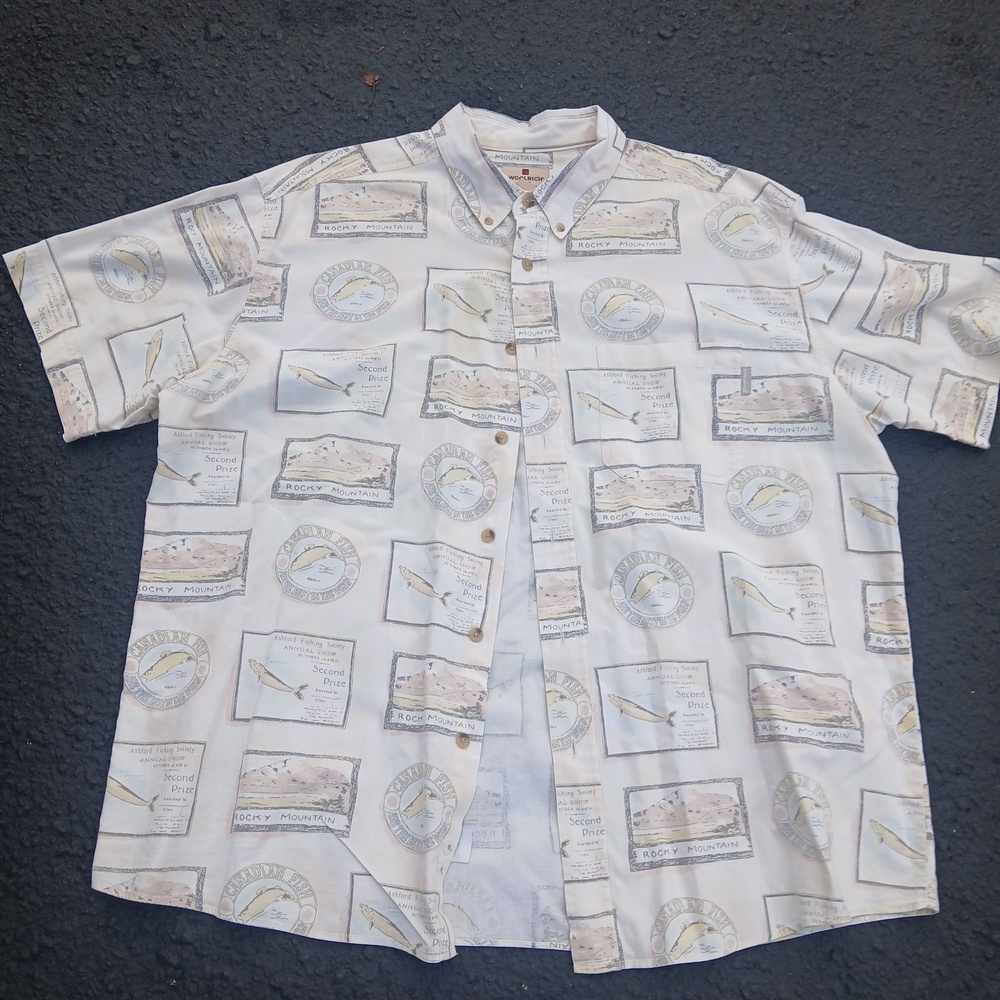 Woolrich Shirt Mens XL Multicolor Fishing Print Short Sleeve Button Down